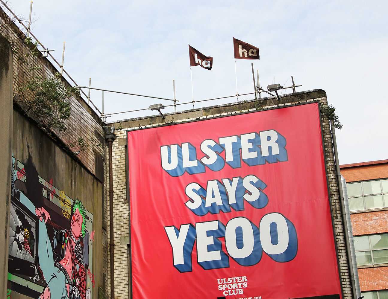 Image of two 'ha ha' flags on the BSoA - clearly displaying 'ha ha'.